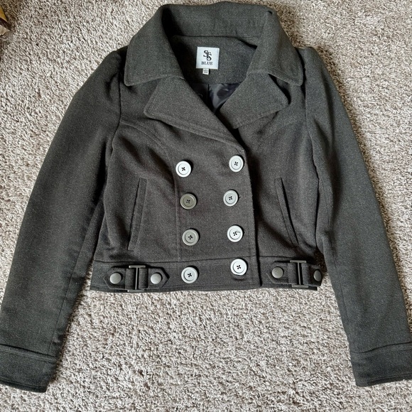 See Thru Soul Women’s Grey Cropped Pea Coat - Size Large - Picture 2 of 11